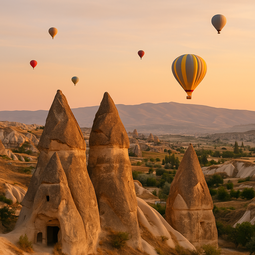 Hot air balloons flying over rocky landscape in Cappadocia